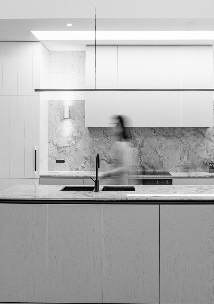Designer kitchen interior with natural stone finishes